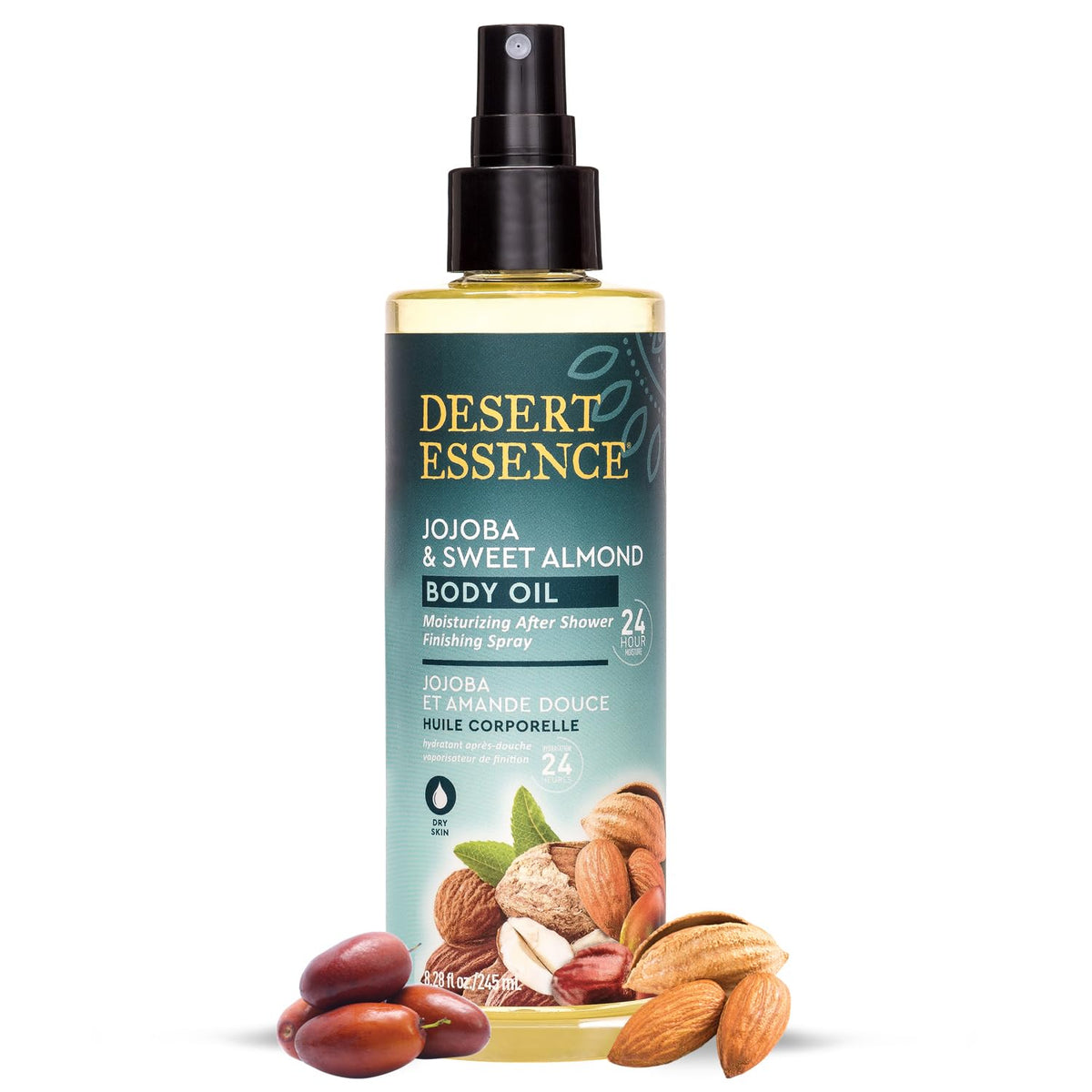 Desert Essence spray mist being applied for quick absorption and glow.