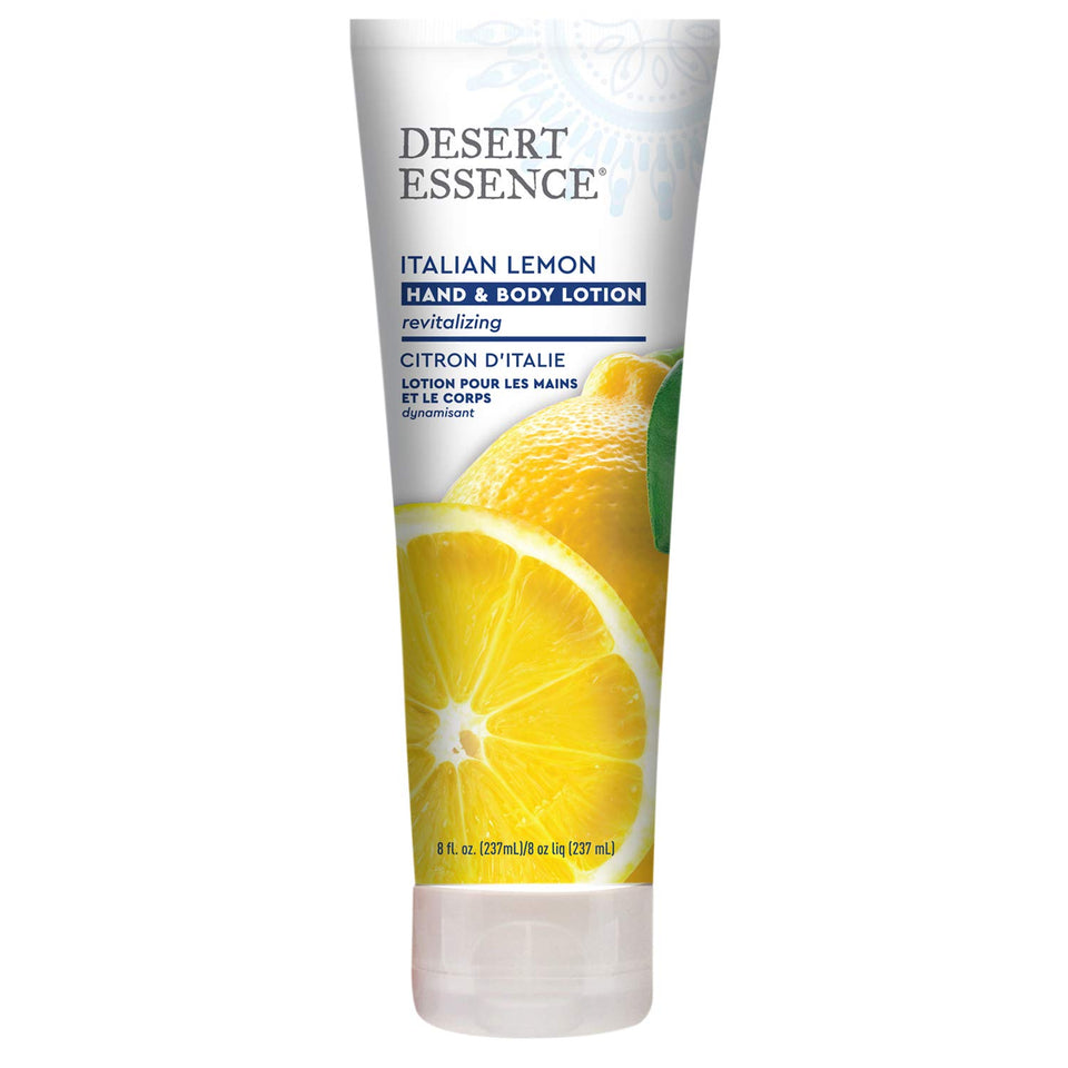 Desert Essence Italian Lemon lotion bottle for refreshing skin hydration.