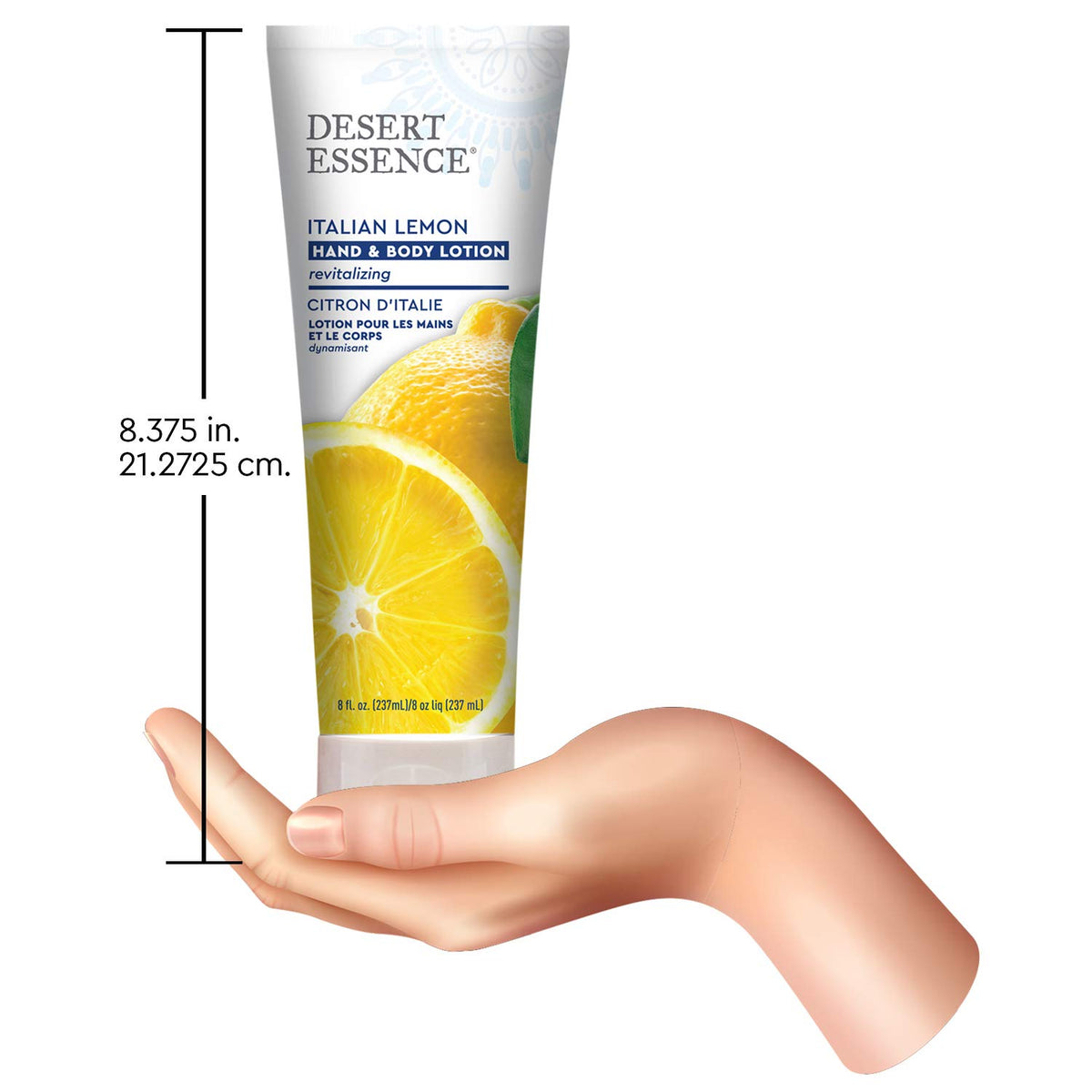 Desert Essence Italian Lemon hand-lotion pump close-up shows easy application.