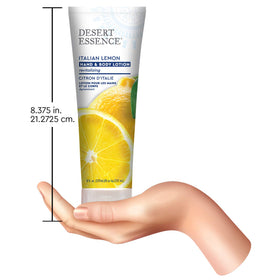 Desert Essence Italian Lemon hand-lotion pump close-up shows easy application.