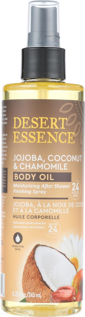 Desert Essence jojoba coconut chamomile body oil spray glides on skin for smooth hydration.