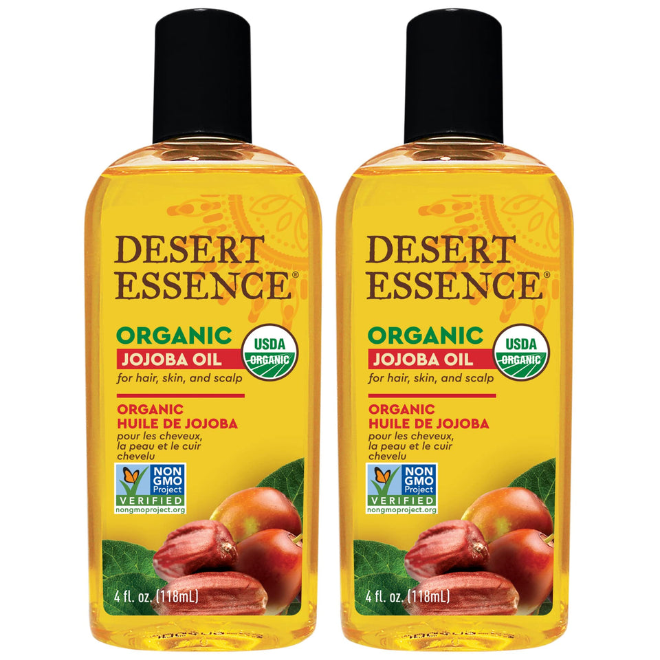 Desert Essence Jojoba Oil bottle close-up for lightweight hydration.