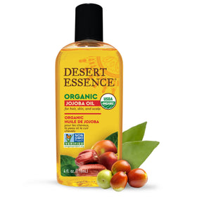 Desert Essence Jojoba Oil label close-up highlighting organic formula.