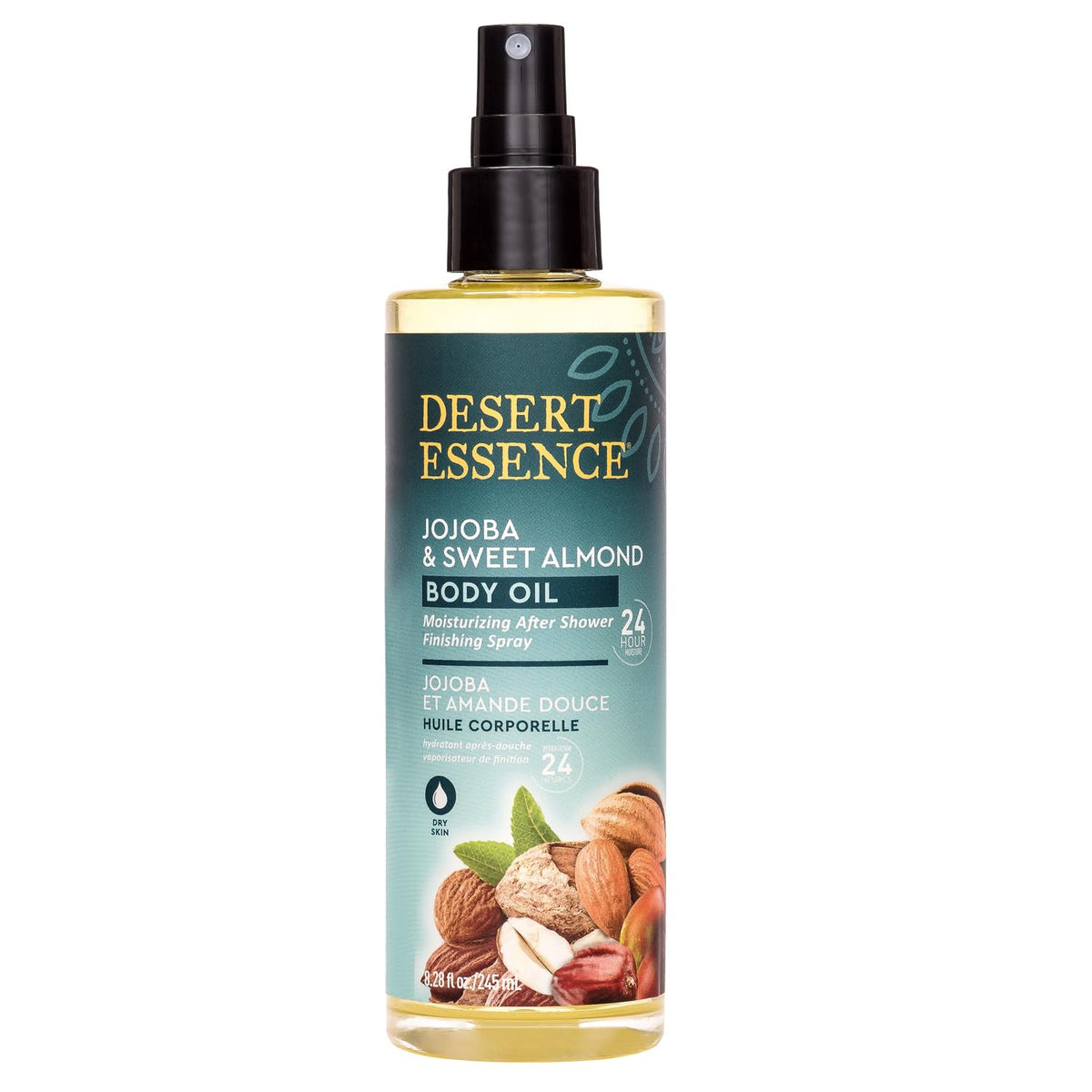 Desert Essence body oil spray bottle ready for daily moisture and glow.