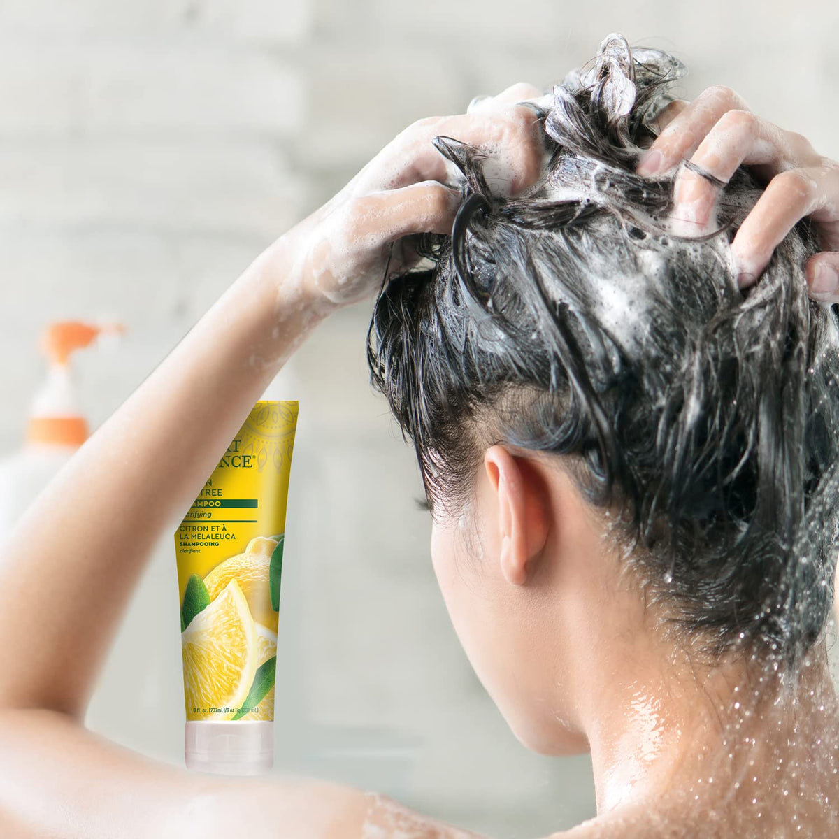 Desert Essence Lemon Shampoo ingredients list is visible nearby.
