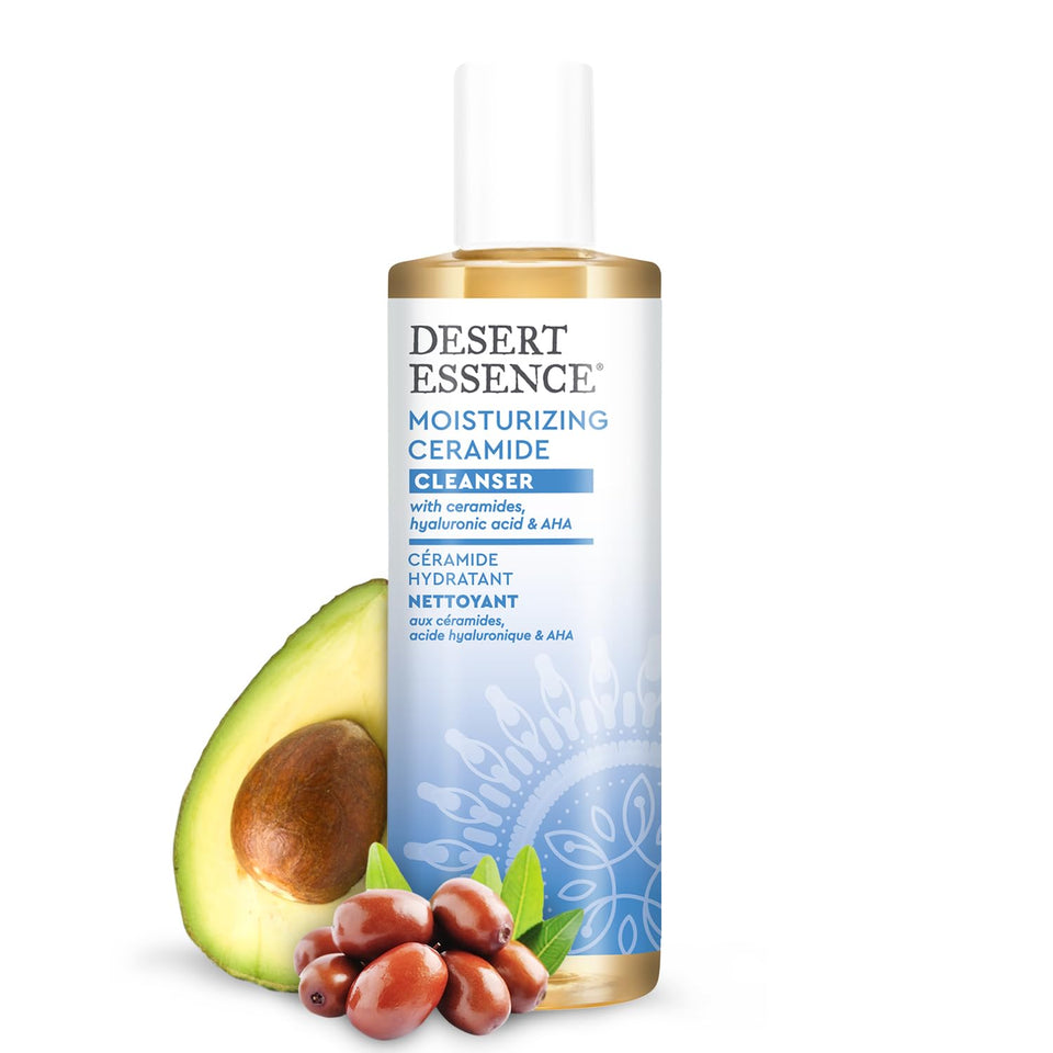 Desert Essence Moisturizing Ceramide Cleanser tube showing gentle cleansing in action.