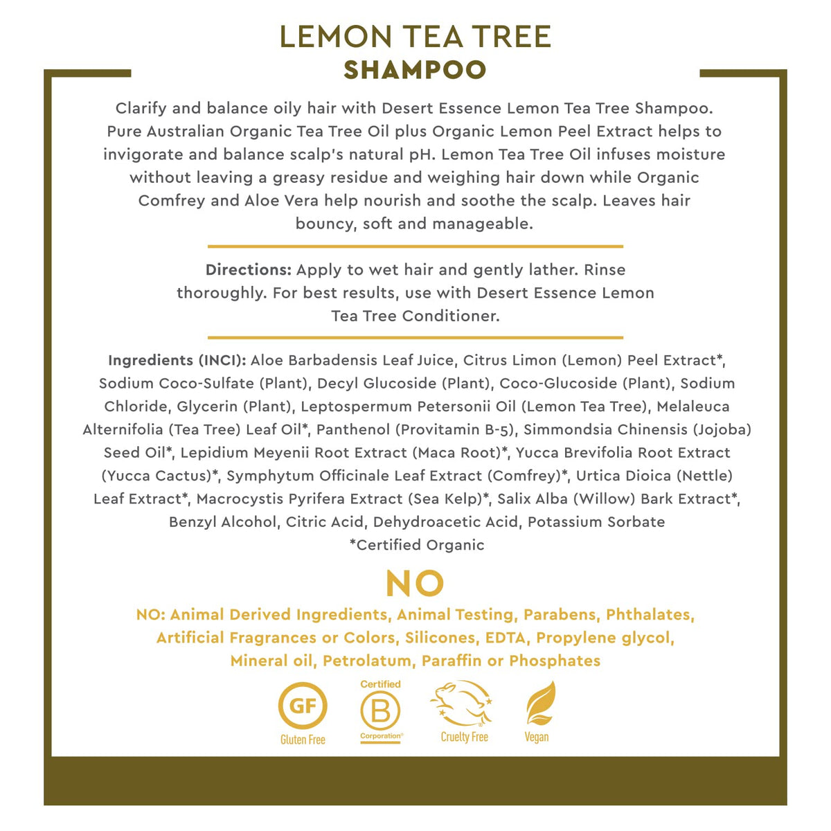 Desert Essence Organics Lemon Shampoo label emphasizes natural ingredients.