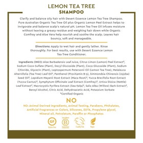 Desert Essence Organics Lemon Shampoo label emphasizes natural ingredients.