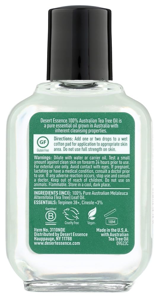 Desert Essence Tea Tree Oil label front showing Australian origin.