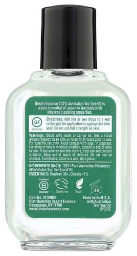 Desert Essence Tea Tree Oil label front showing Australian origin.