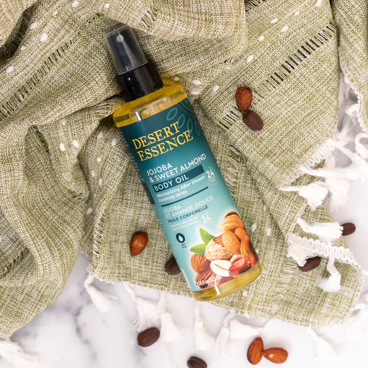 Desert Essence USA-made bottle highlights ethical production standards.