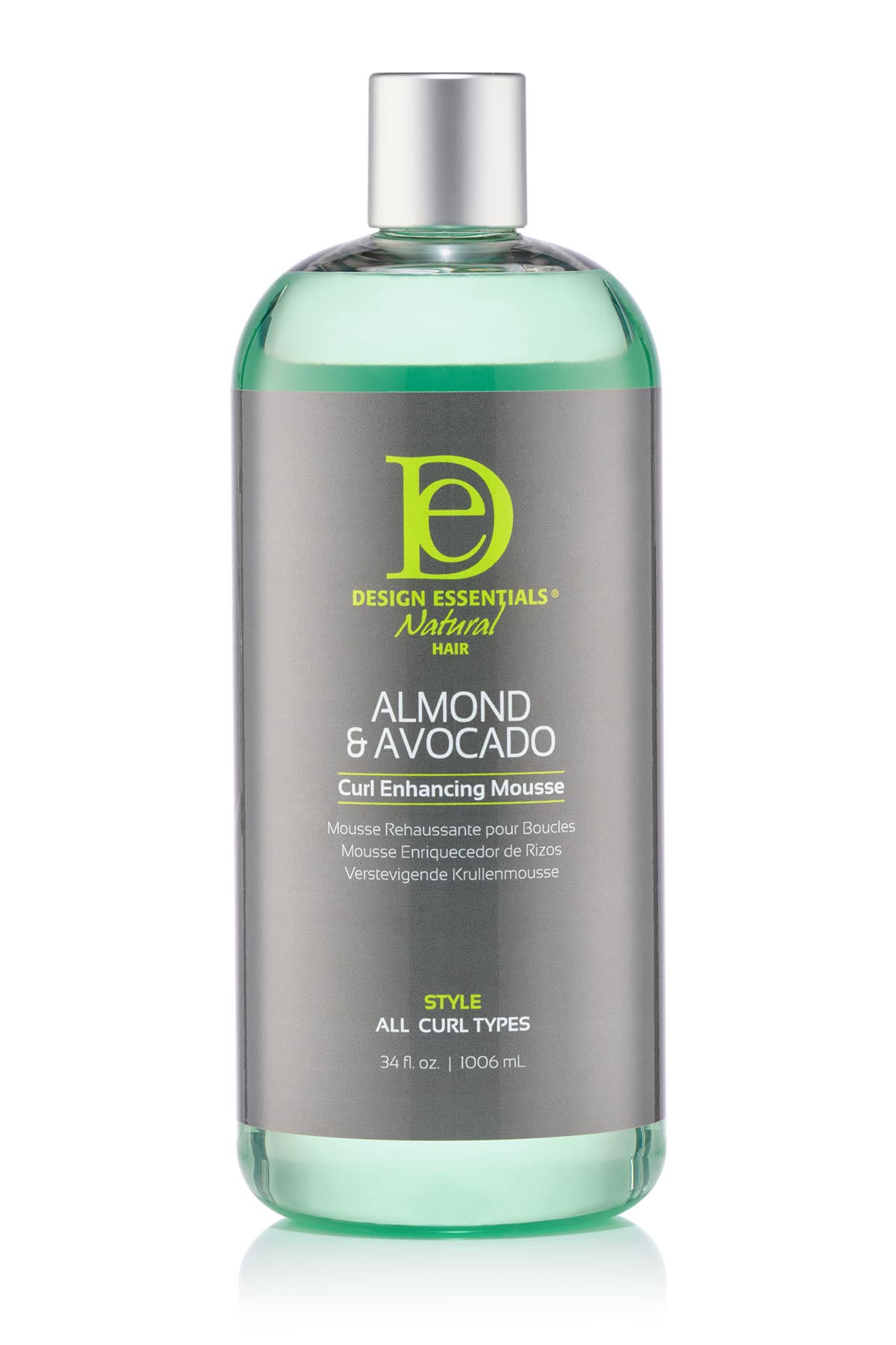 Design Essentials Almond Avocado Curl Mousse bottle showing hydrated shine for defined curls.