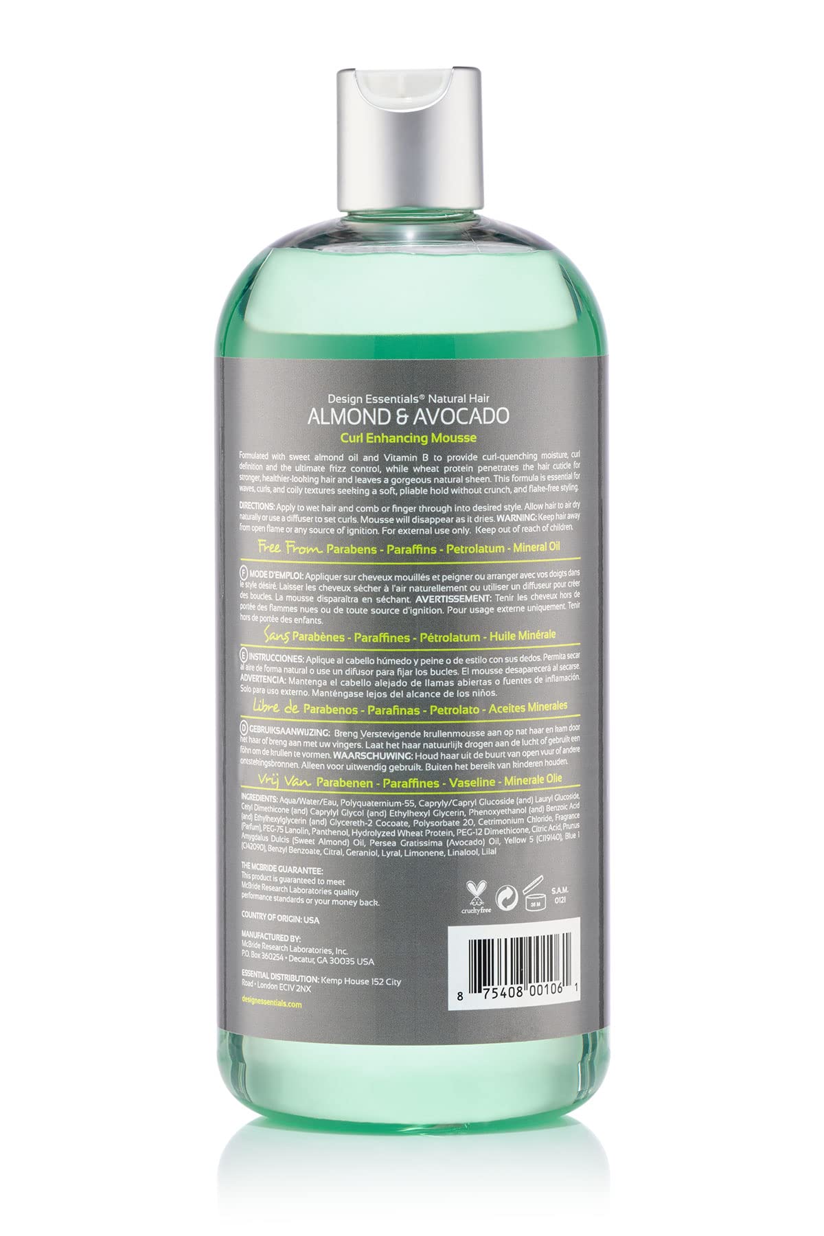 Close-up of Design Essentials Curl Mousse texture with light, non-greasy finish for frizz control.