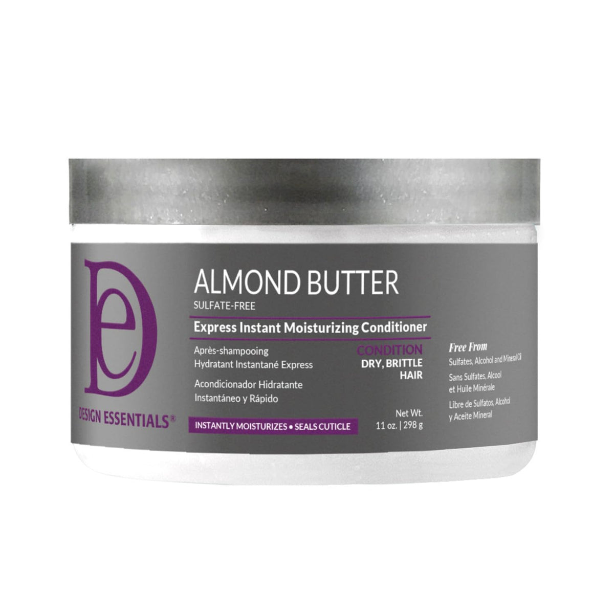 Design Essentials Almond Butter Express bottle pour showing instant moisture for dry hair.