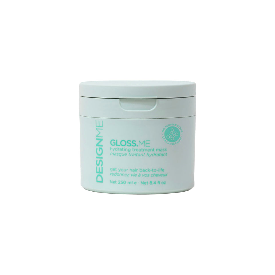 Design.Me GLOSS.ME Hydrating Mask jar shows creamy formula for deep conditioning and shine.