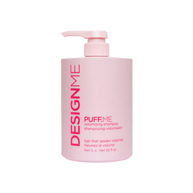 Design.Me Puff.Me bottle front showing volumizing formula for fuller hair
