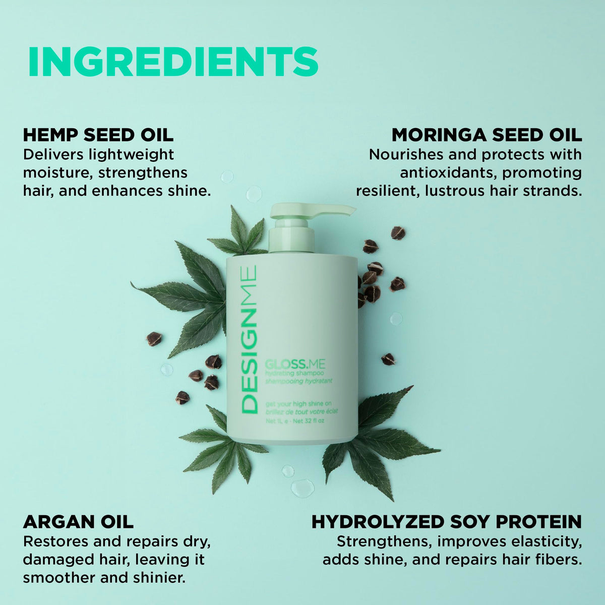 Design.Me GLOSS.ME Hydrating Shampoo with argan oil drops highlighting nourishment.