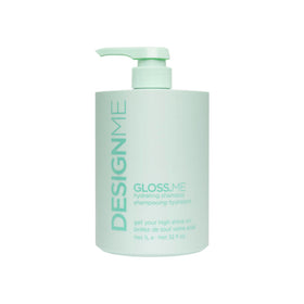 Design.Me GLOSS.ME Hydrating Shampoo bottle front showing color-safe moisture for dry hair.