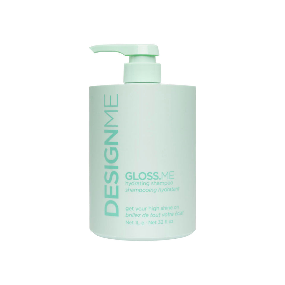 Design.Me GLOSS.ME Hydrating Shampoo bottle front showing color-safe moisture for dry hair.