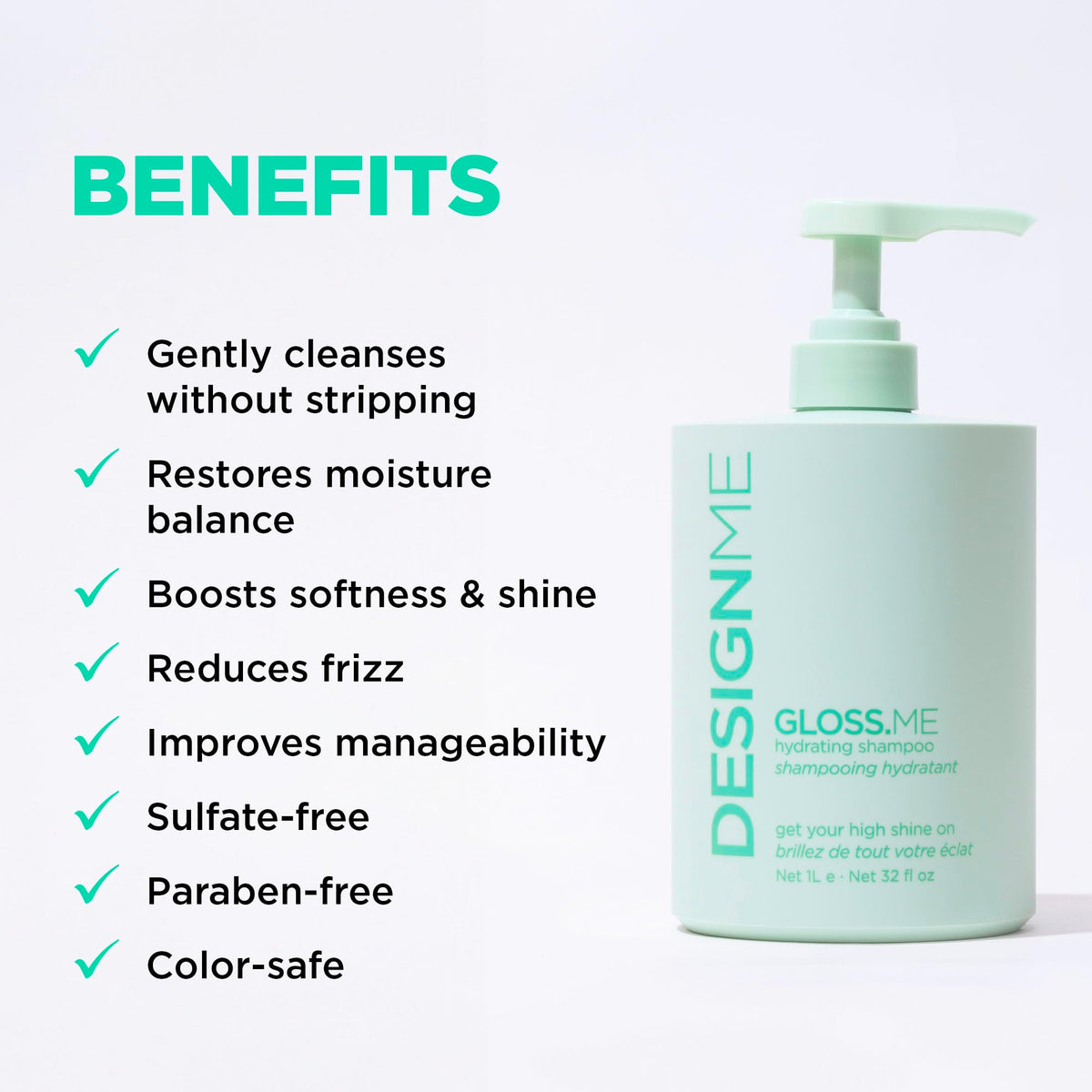 Design.Me GLOSS.ME Hydrating Shampoo bottle pour demonstrates rich lather and cleansing.