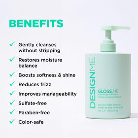 Design.Me GLOSS.ME Hydrating Shampoo bottle pour demonstrates rich lather and cleansing.