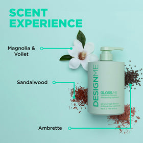 Design.Me GLOSS.ME Hydrating Shampoo moringa seed oil swirl on label.