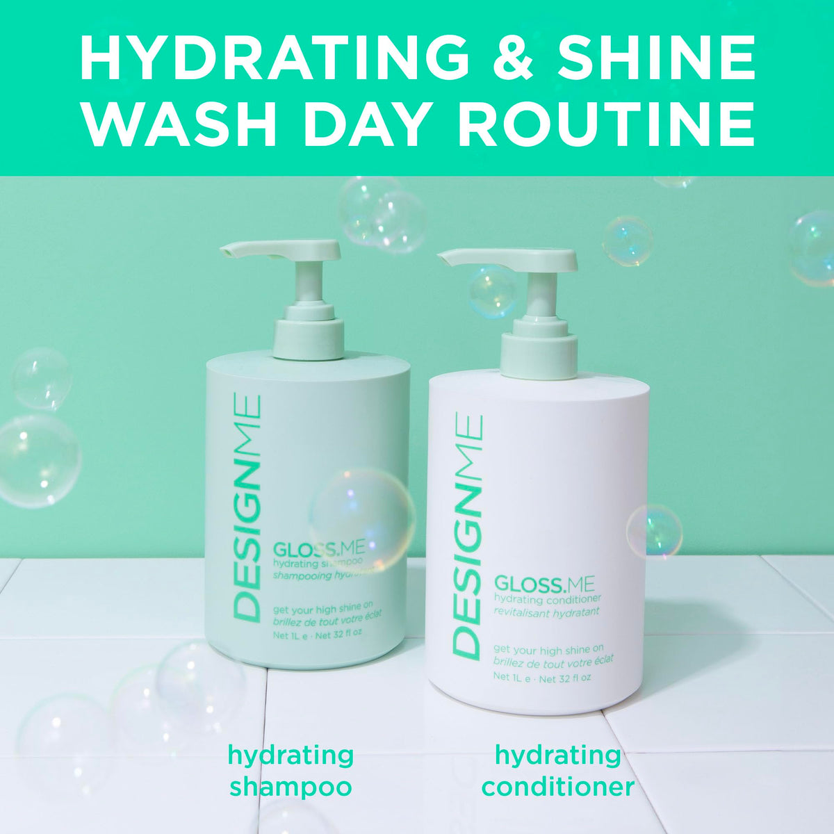Design.Me GLOSS.ME Hydrating Shampoo hydrolyzed soy protein icon on packaging.