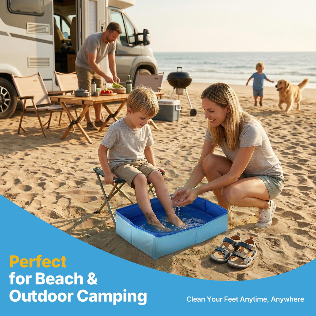 Desunqin portable basin folded in a backpack for beach trips.