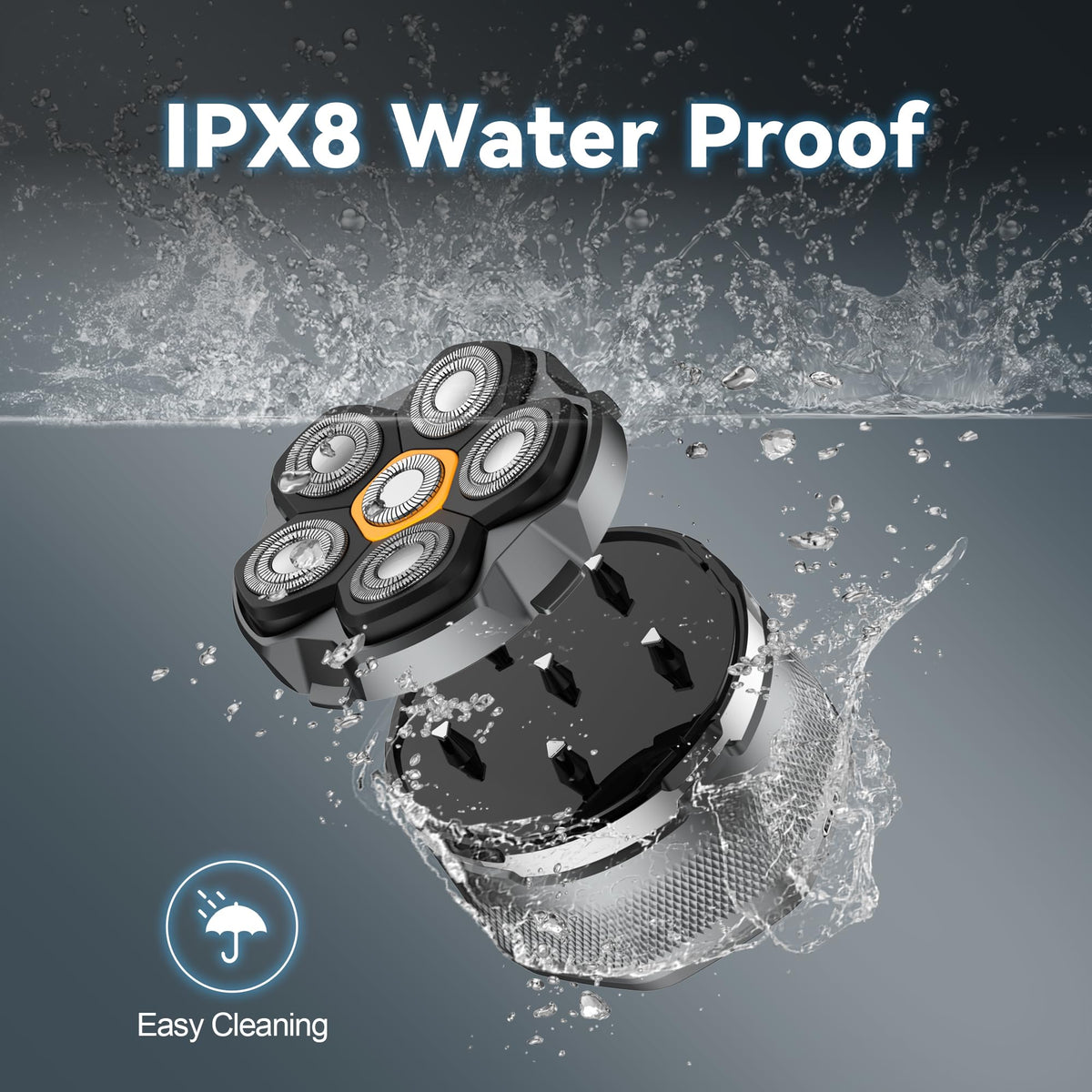 Detona head shaver IPX8 waterproof for wet or dry shaving sessions.