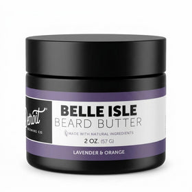 Detroit Grooming Co. beard butter bottle closeup for hydrating softness.