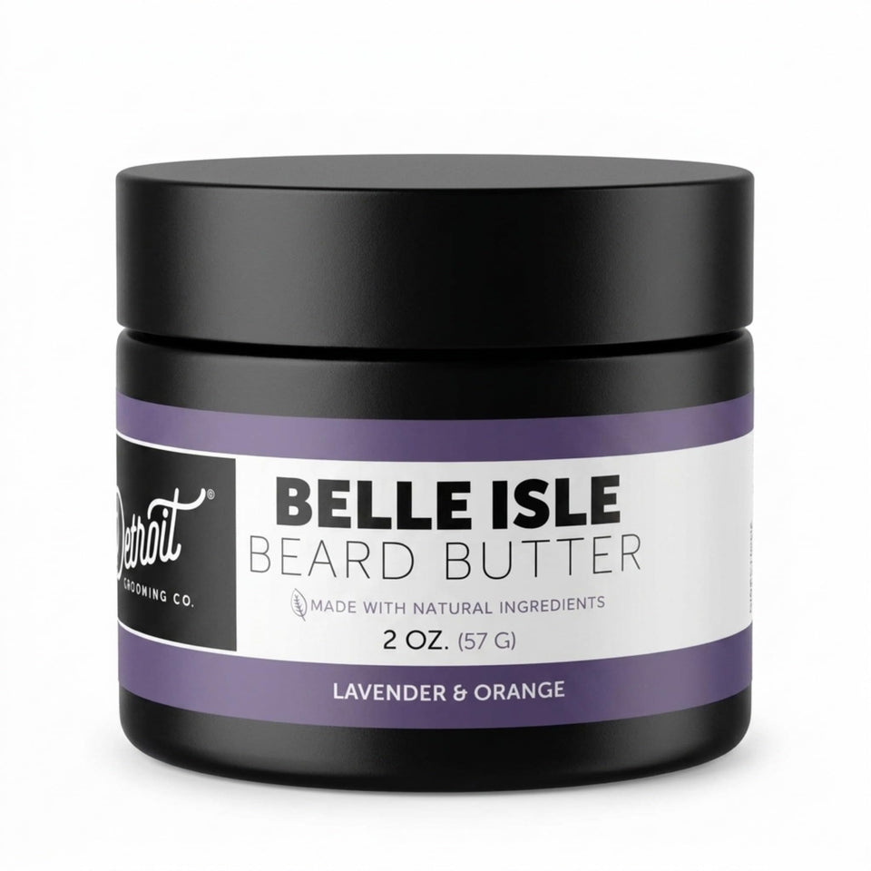 Detroit Grooming Co. beard butter bottle closeup for hydrating softness.