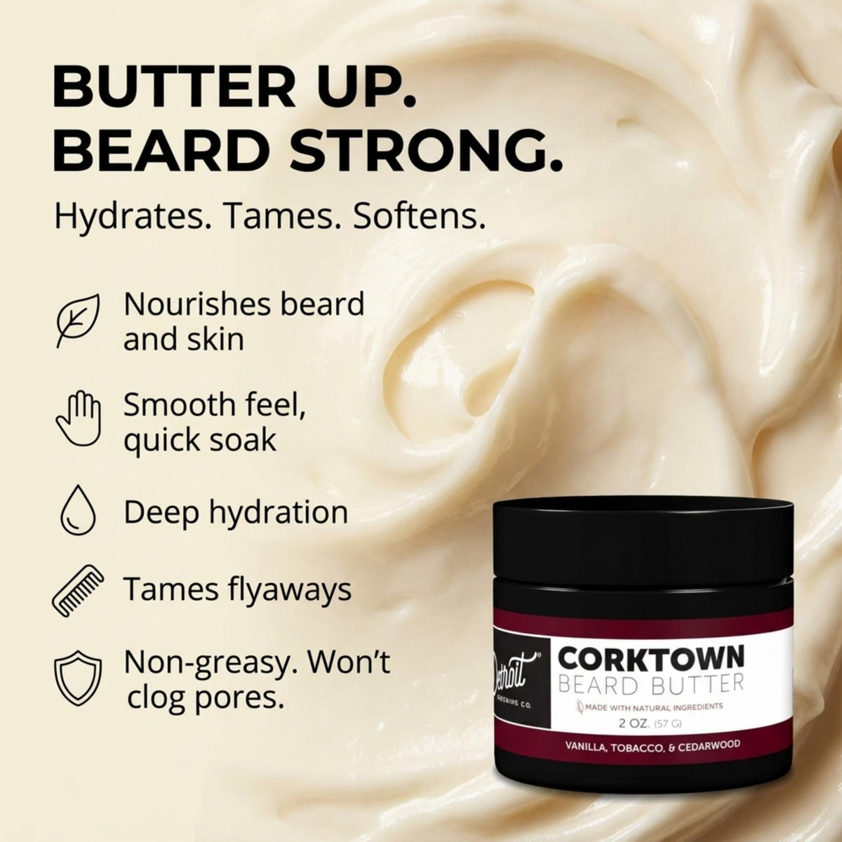 Detroit Grooming Co. Beard Butter texture close-up lightweight non-greasy finish.