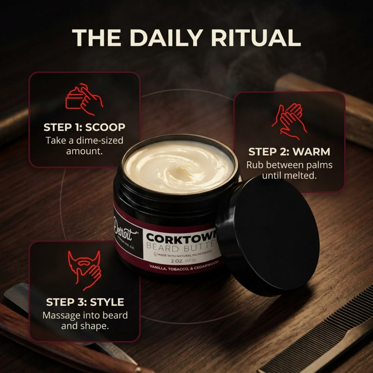 Detroit Grooming Co. Corktown scent bottle warm vanilla cedarwood profile.