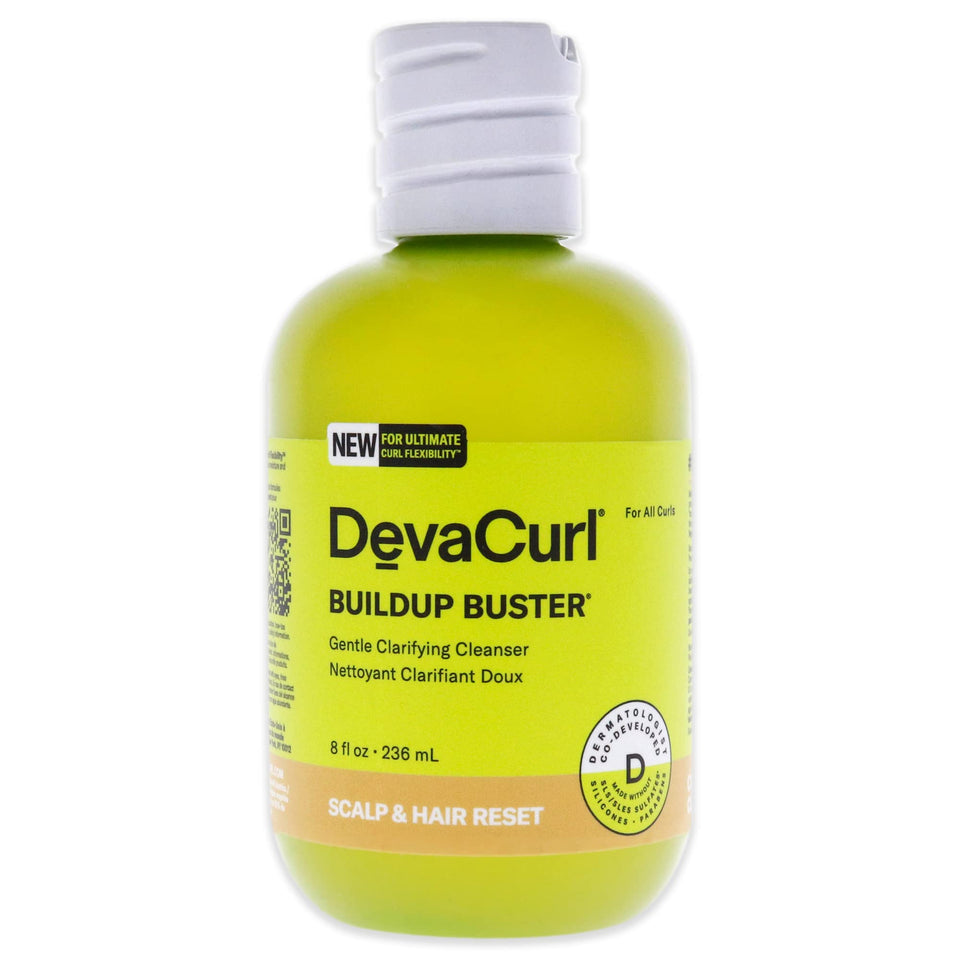 DevaCurl Buildup Buster bottle in Green Oasis showing gentle cleansing for all curl types.