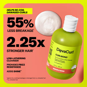 Close-up of CurlBond cleanser label highlights color-safe, bond-relinking formula.