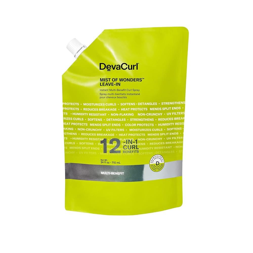 DevaCurl Mist of Wonders refill pouch beside bottle, supports detangling and frizz control for curls.