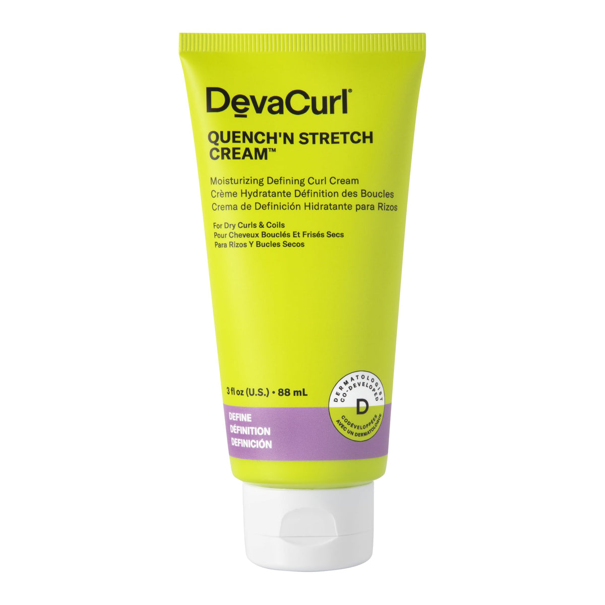 DevaCurl Quench'n Stretch Cream 3 oz bottle moisturizes and defines curls.