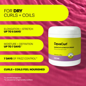 Closeup of the Quench'n Stretch label highlighting frizz control.
