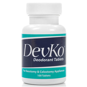 Devko ostomy pouch deodorizer tablets with charcoal in a compact bottle for odor control.