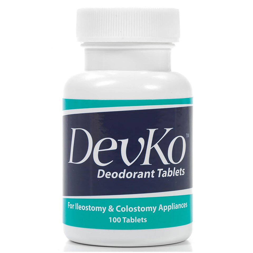 Devko ostomy pouch deodorizer tablets with charcoal in a compact bottle for odor control.