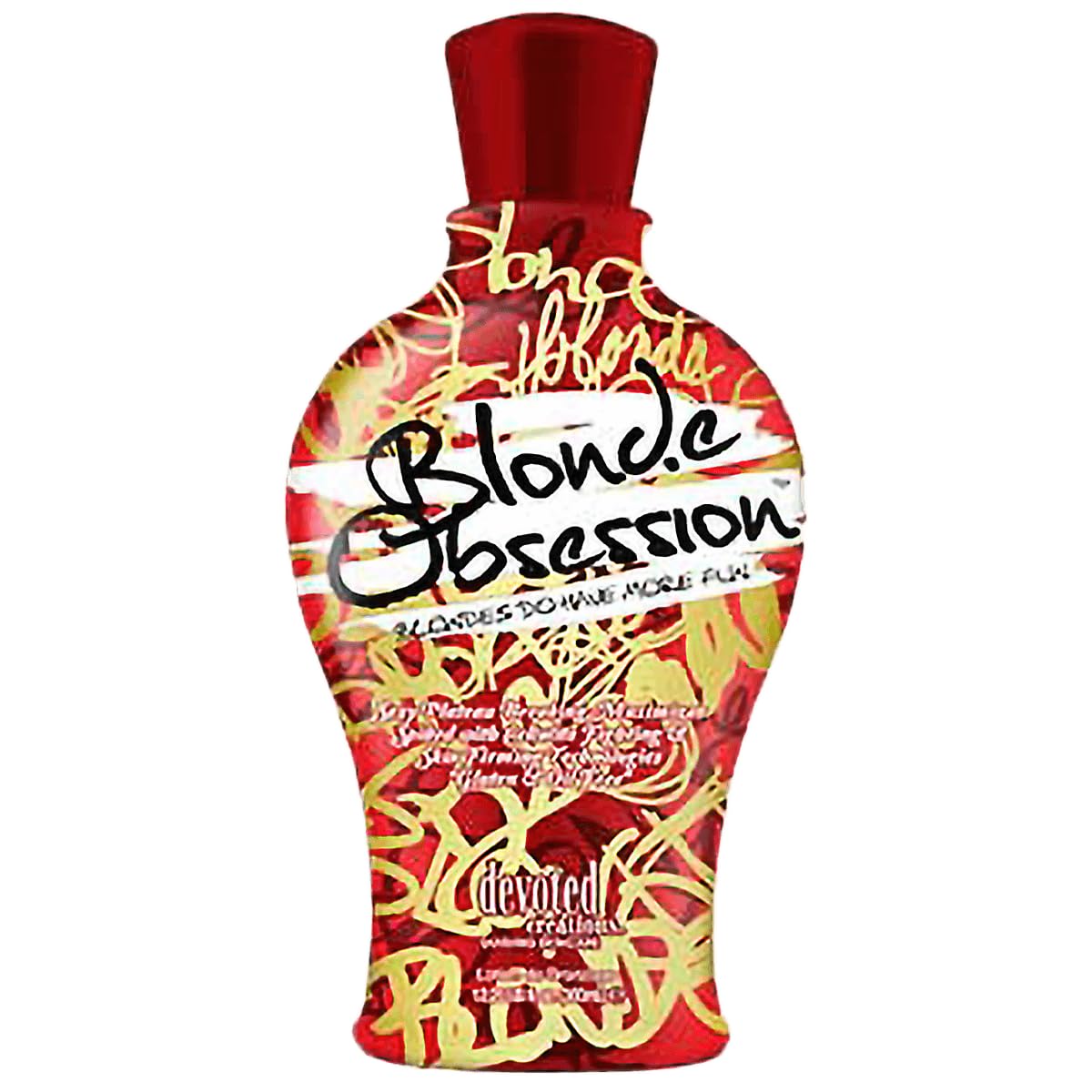 Devoted Creations Blonde Obsession lotion bottle showing tanning-enhancing formula for deeper color.