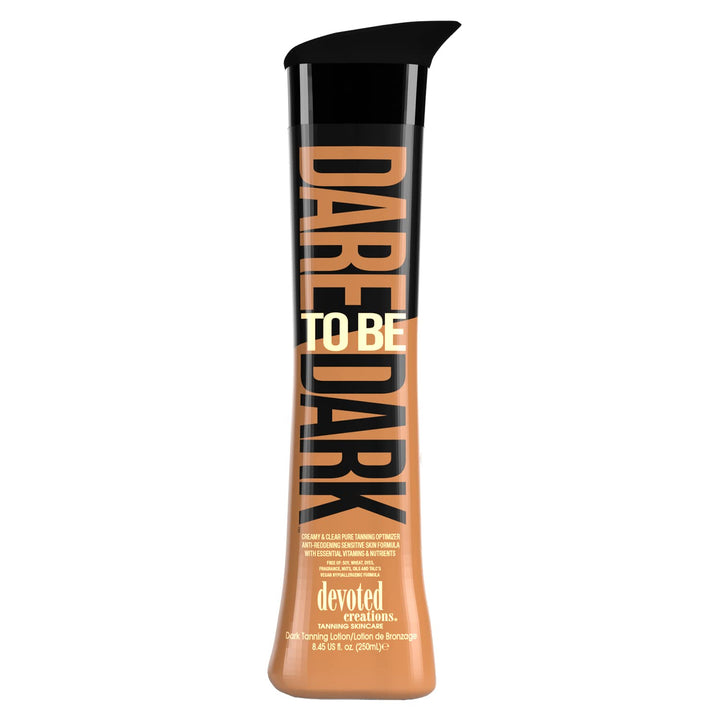 Devoted Creations Dare to be Dark bottle pour highlights a fragrance-free tanning booster.