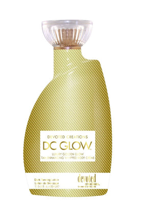 Devoted Creations DC Glow bottle highlighting premium tanning formula for radiant, hydrated skin.