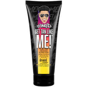 Devoted Creations DJ Pauly D Get Tan Like Me bottle, showing instant, deep bronze color.