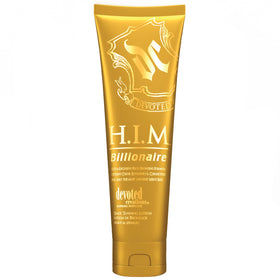 Devoted Creations H.I.M Billionaire bottle front view showing ultra-dark bronze potential