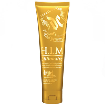 Devoted Creations H.I.M Billionaire bottle front view showing ultra-dark bronze potential