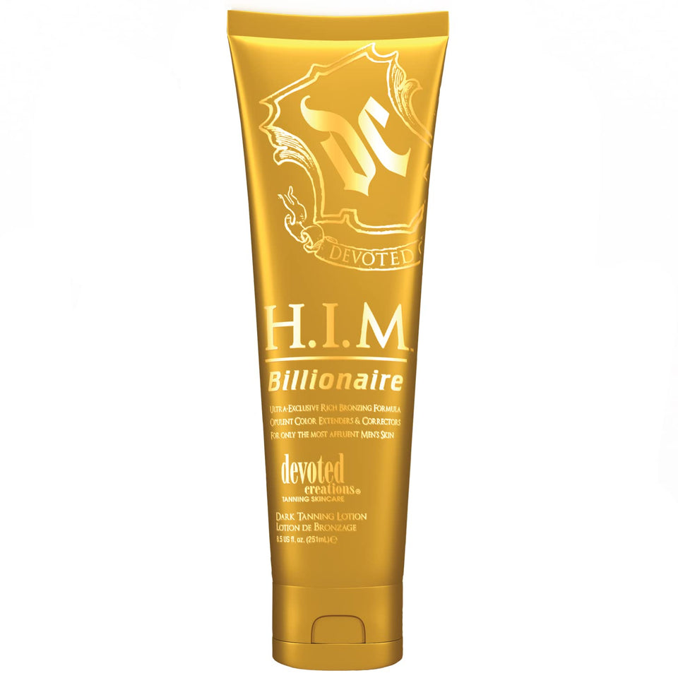 Devoted Creations H.I.M Billionaire bottle front view showing ultra-dark bronze potential