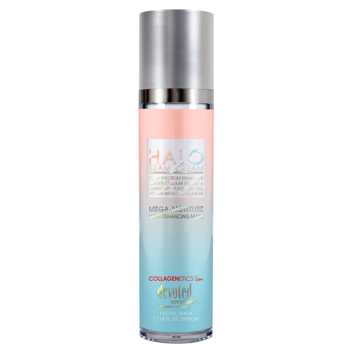 Devoted Creations Halo Beam Cream bottle closeup with glow boosting formula