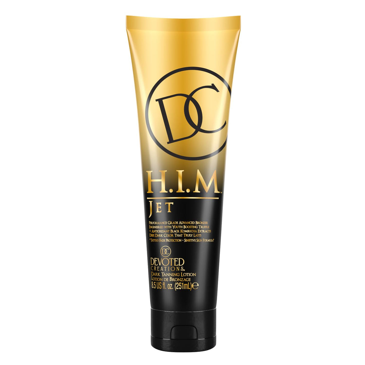 Devoted Creations HIM Jet bottle front view promotes quick, even tanning color.