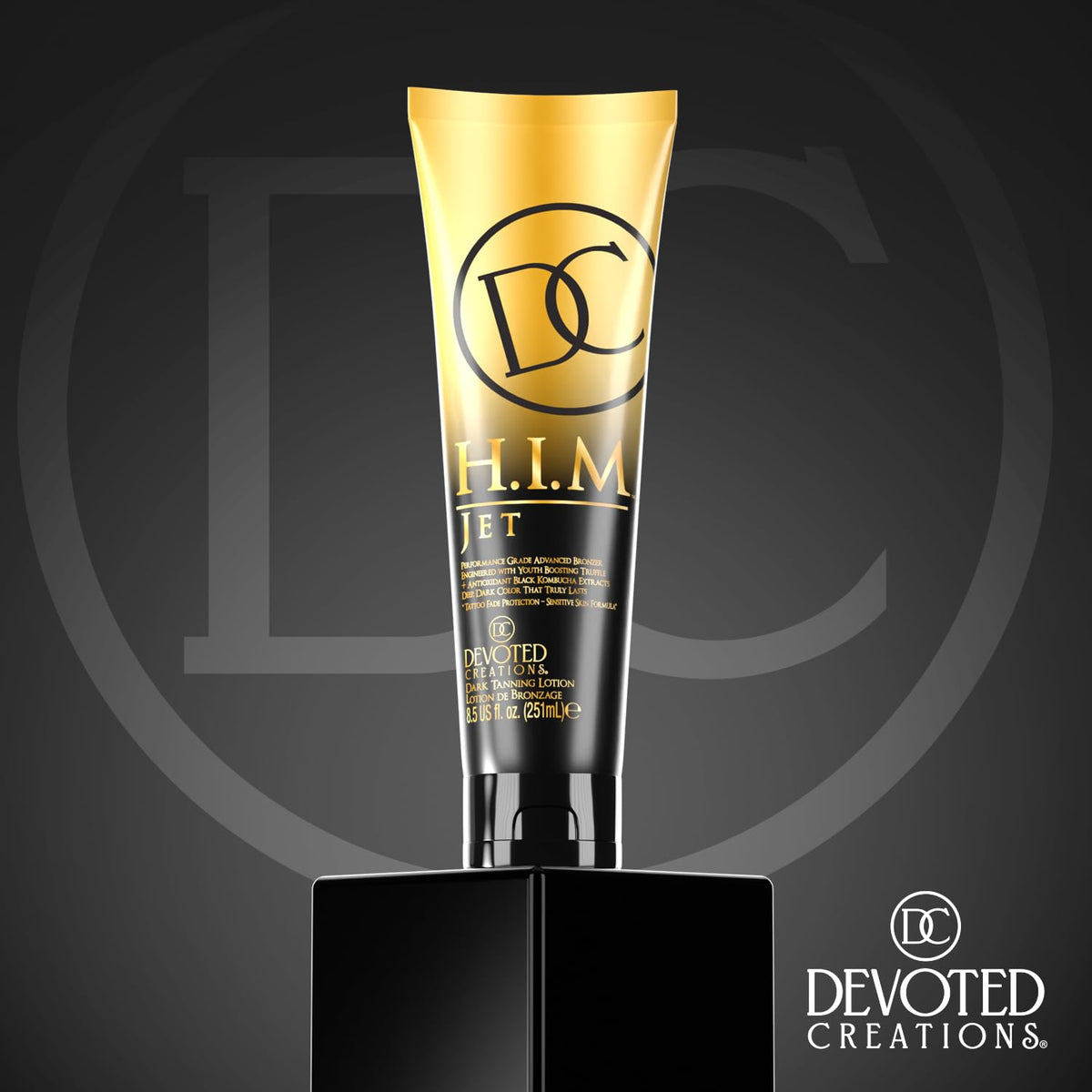 Devoted Creations HIM Jet creamy lotion texture for silky coverage.